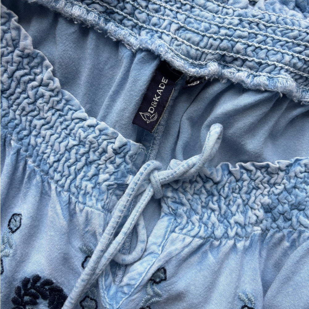 Smocked Light Blue Embroidered Peasant Blouse - Picture 6 of 13